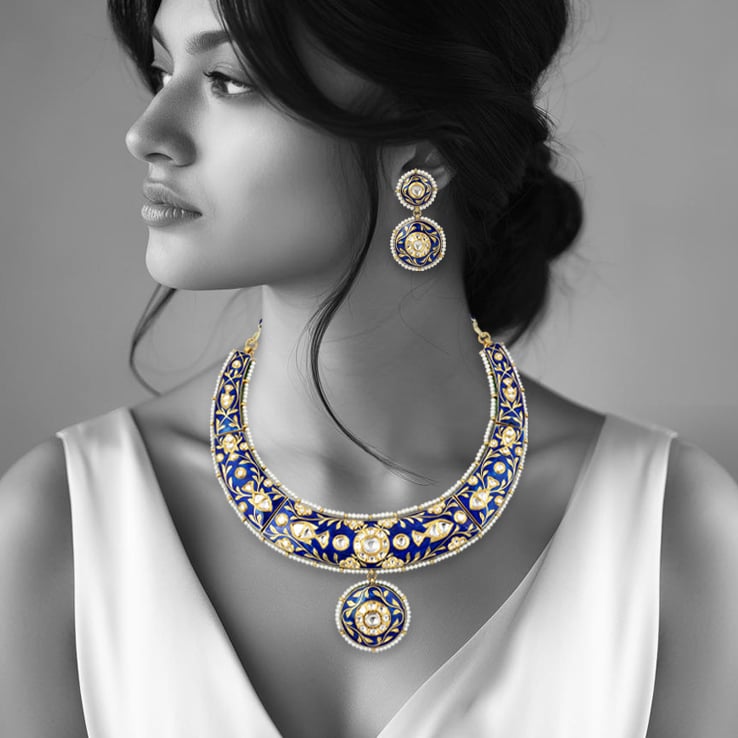 Indigo Enamel Hasli Necklace with Polki and Pearl Detailing